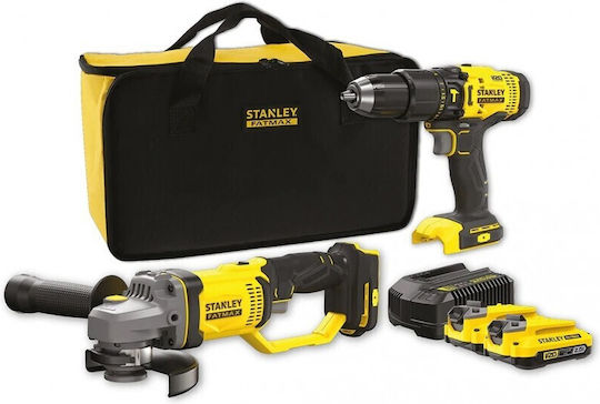 Stanley Fatmax Set Angle Wheel & Drill Driver 18V with 2 Batteries 2Ah and Case