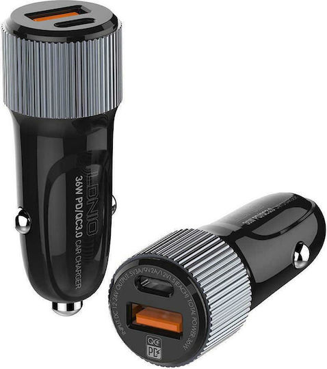 Ldnio C510Q Car Charger 38W 3A with Ports 1xUSB-A 1xType-C with mini-USB Cable Black Color