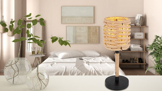 Globo Lighting Halia Винтидж Настолна лампа от Въже за Цокъл E27 с Бежов Абажур и Черен Основа