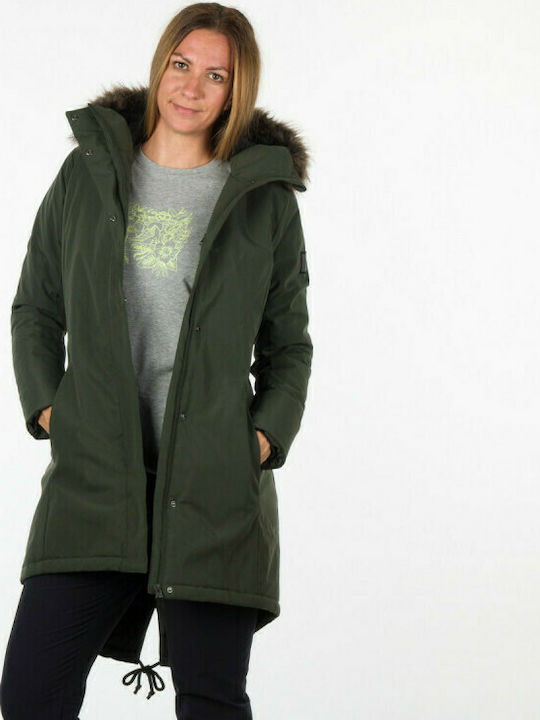 Northfinder Analia Lang Damen Parka Jacke mit pelziger Kapuze für Winter Grün