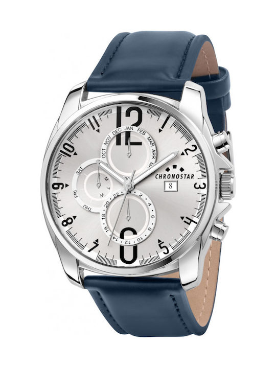 Chronostar Square Watch Chronograph Battery with Blue Leather Strap