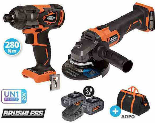 Krausmann US110-25SB Set Eckiges Rad & Schlagschraubendreher Brushless 20V mit 2 Batterien 5Ah und Hülle