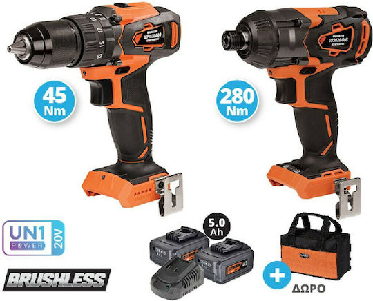 Krausmann US102-25SB Set Bohrer & Schlagschraubendreher Brushless 20V mit 2 Batterien 5Ah und Hülle