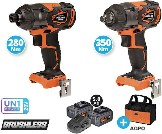Krausmann US106-25SB Set Schlagschrauber & Schlagschraubendreher Brushless 20V mit 2 Batterien 5Ah und Hülle