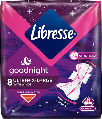 Libresse Goodnight Ultra+ X-Large Hygienepads mit Flügeln Nacht für Starke Strömung 4 Tropfen 8Stück