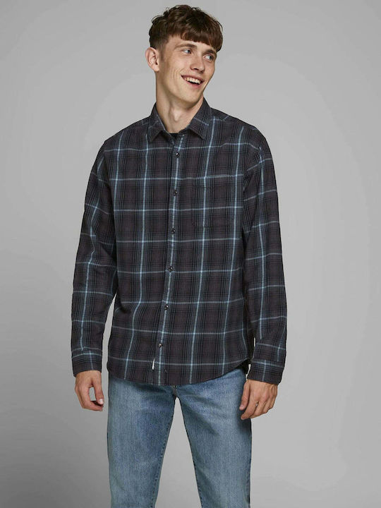 Jack & Jones Men's Shirt Long Sleeve Cotton Checked Gray