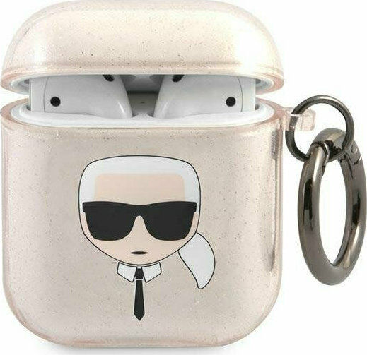 Karl Lagerfeld Karl`s Head Glitter Case Silicone with Hook in Gold color for Apple AirPods 1 / AirPods 2