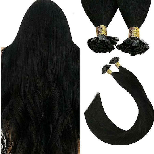 Bioshev Professional Extensie Keratin cu Păr Natural Remy în Întuneric Negru Culoare 1b 50cm