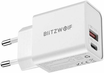 BlitzWolf Φορτιστής Χωρίς Καλώδιο με Θύρα USB-A και Θύρα USB-C 20W Power Delivery / Quick Charge 2.0 Λευκός (BW-S20)