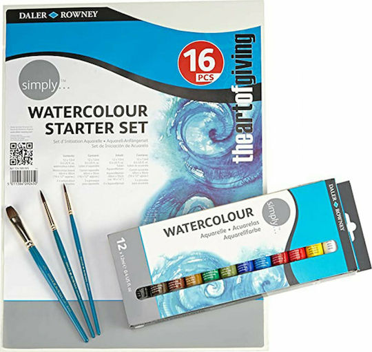 Daler Rowney Simply Watercolour Starter Set Set of Watercolours Multicolored with Brush 16pcs