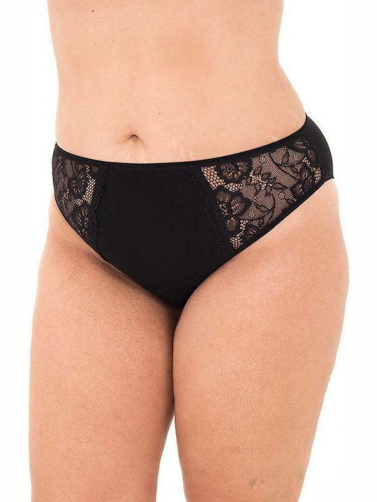 Cotton high-waisted panties with lace on the side - Black