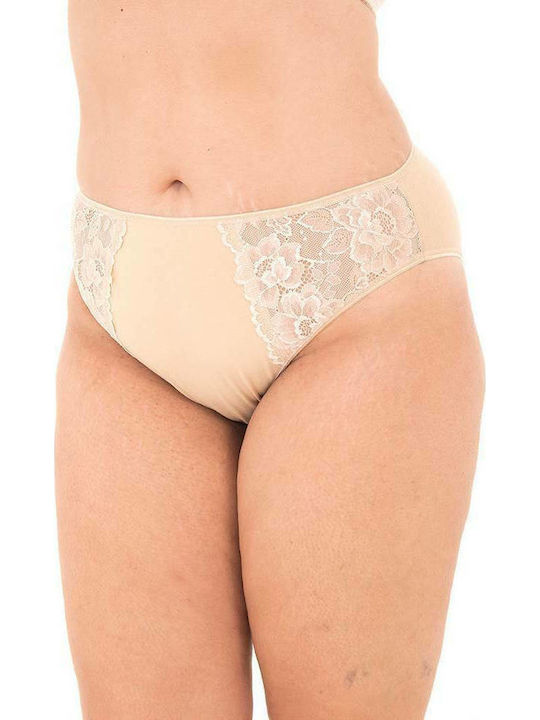 Cotton high-waisted panties with lace on the side - Beige