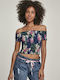 Women's Summer Crop Top Off-Shoulder Short Sleeve Floral Navy Blue