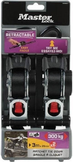 Master Lock Ιμάντας Αποσκευών Αυτοκινήτου 300x2.5cm με Καστάνια Μαύρο 2τμχ