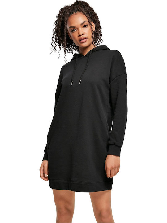 Mini Sportliches Damenkleid Langärmelig mit Kapuze Schwarz