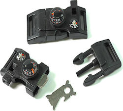 Black plastic buckle with safety clip, thermometer, whistle, and compass 64x30mm