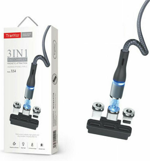 Tranyoo XS4 Magnetic USB to Lightning / Type-C / micro USB Cable Μαύρο 1m