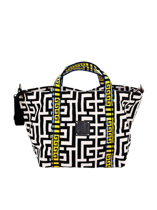 Ariadne Δερμάτινη Γυναικεία Τσάντα Tote Χειρός Beige/Black Chenille
