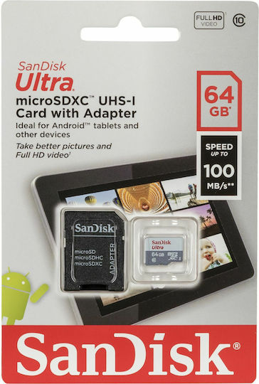Sandisk Ultra microSDXC 64GB Geschwindigkeitsklasse 10 UHS-I 80MB/s mit Adapter