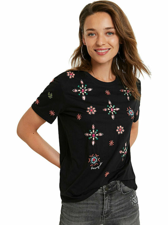 Desigual Damen T-shirt Blumen Schwarz