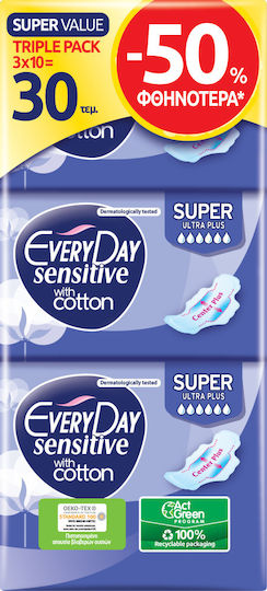 Every Day Sensitive with Cotton Super Sanitary Pads with Wings Ultra Plus Triple Pack for Heavy Flow 6 Drops Double Pack 2x15pcs