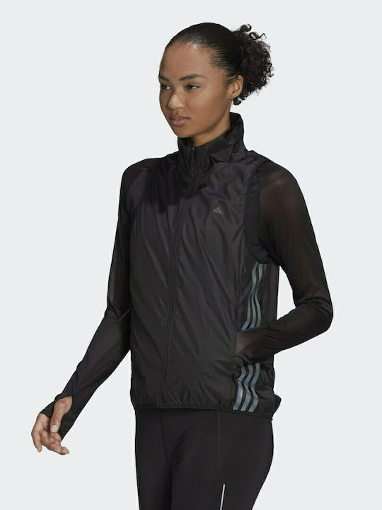 Adidas 3 Stripes Γυναικείο Αμάνικο Μπουφάν Running Αντιανεμικό Μαύρο