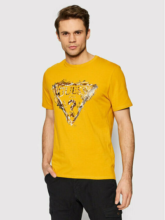 Guess Ανδρικό T-shirt Κίτρινο με Λογότυπο