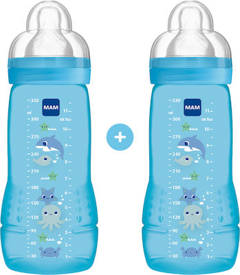 Mam Set aus Plastikflaschen Easy Active Gegen Koliken mit Silikonsauger für 4+ Monate Blue Delphin 330ml 2Stück 365S