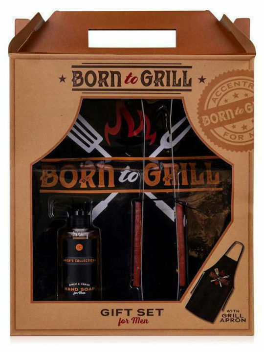 Σετ Born to grill με ποδιά για μπάρμπεκιου, λαβίδα ψησίματος 35 εκ. και σαπούνι χεριών 200ml