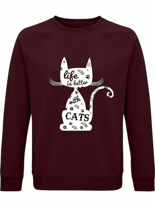 Sweatshirt Unisex, Organic " Life is Better with Cats ", Burgundy