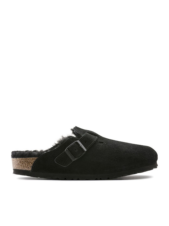 Boston Shearling Χειμερινές Ανδρικές Παντόφλες με Γούνα Μαύρες