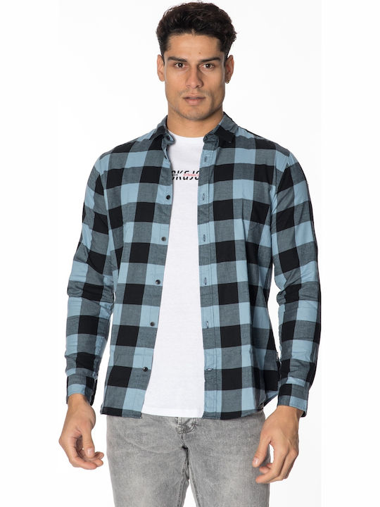 Long-sleeved Denim Shirt Checked Faded Denim