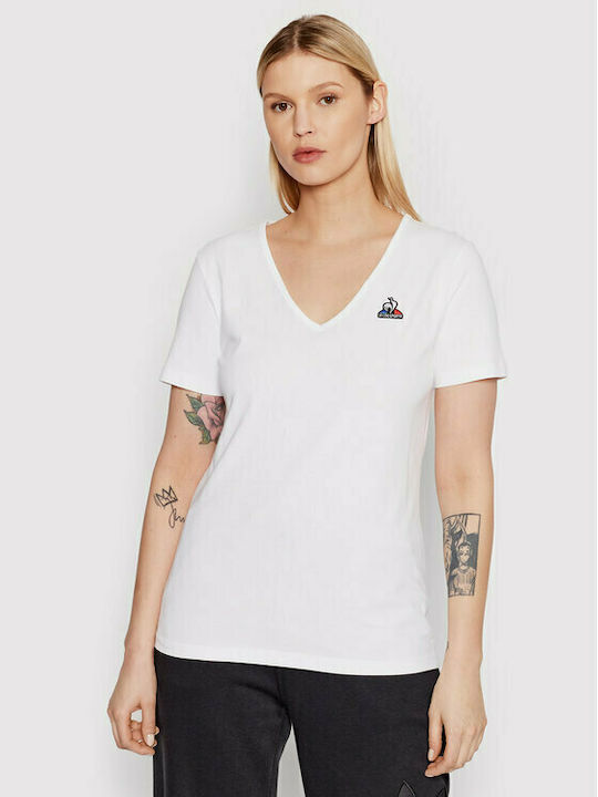 Le Coq Sportif Damen Sport T-Shirt mit V-Ausschnitt Weiß