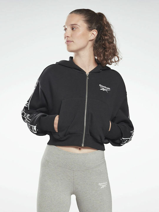 Tape Zip Up Cropped Γυναικεία Ζακέτα Φούτερ με Κουκούλα Μαύρη
