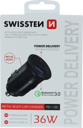 Swissten Зарядно за кола 36W Бързо Зареждане с Портове: 1xUSB 1xType-C Черен Цвят