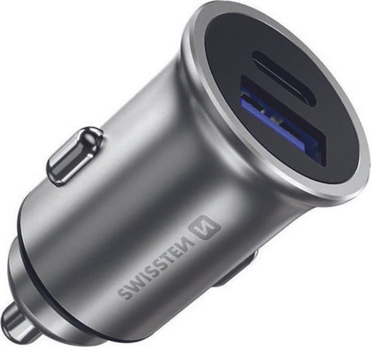 Swissten Car Charger 36W 3A Fast Charging with Ports: 1xUSB 1xType-C Silver Color