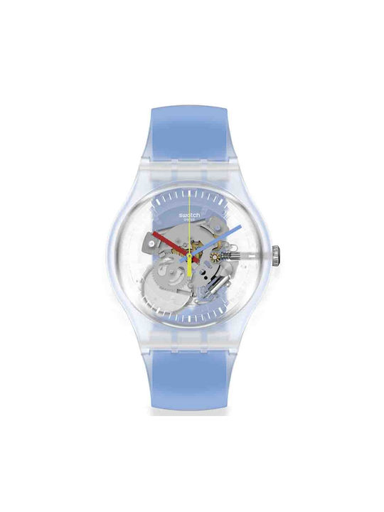 Swatch Clearly Blue Striped Watch Battery with Blue Rubber Strap
