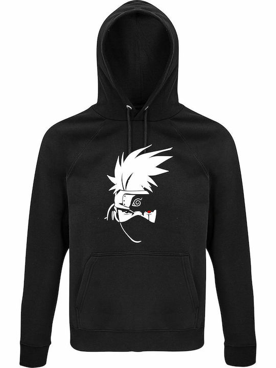 Naruto Shippuden Adult Kakashi Black and White Head, Anime Φούτερ με Κουκούλα Naruto Μαύρο