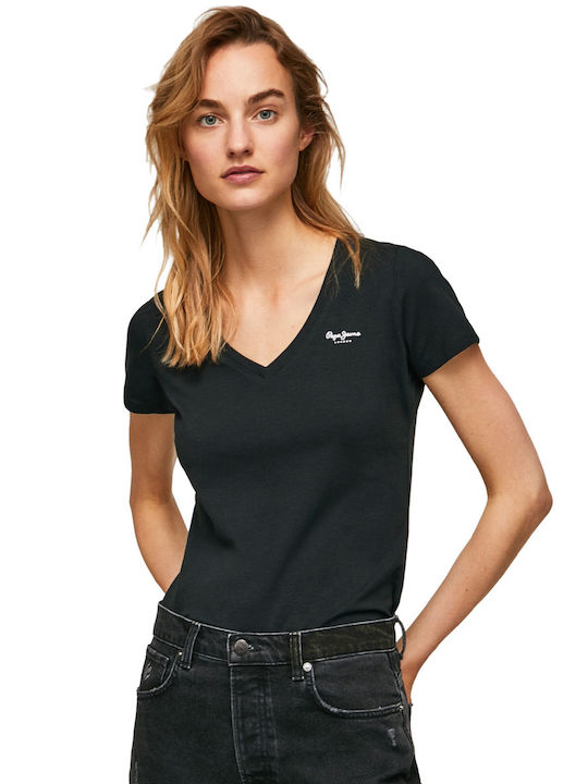 Pepe Jeans Γυναικείο T-shirt με V Λαιμόκοψη Μαύρο