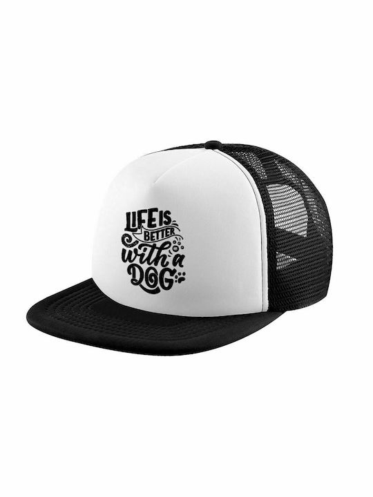 Viața este mai bună cu un câine, șapcă trucker moale pentru adulți cu plasă negru/alb (POLIESTER, ADULȚI, UNISEX, O MĂRIME)