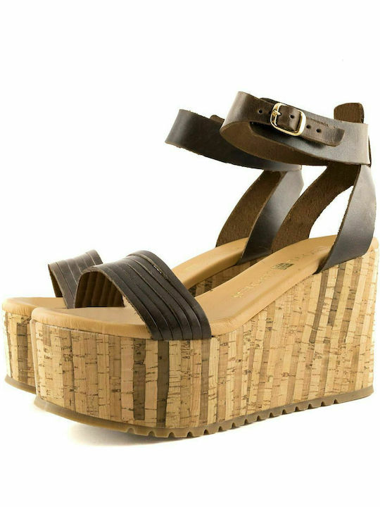 Love4shoes Women's Leather Ankle Strap Platforms Brown