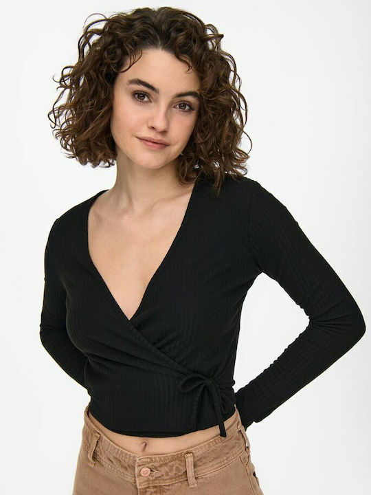 Emma Damen Crop Top Langarm mit V-Ausschnitt Schwarz