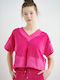 SugarFree Winter Women's Velvet Blouse Short Sleeve with V Neckline Fluo Fuschia