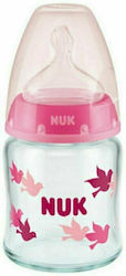 Nuk Glasflasche First Choice Plus Temperature Control Gegen Koliken mit Silikonsauger für 0-6 Monate Pink Vögel 120ml 1Stück