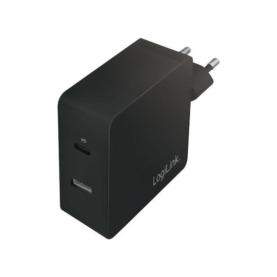 LogiLink Ladegerät ohne Kabel mit USB-A Anschluss und USB-C Anschluss 65W Stromlieferung Schwarzs (PA0213)