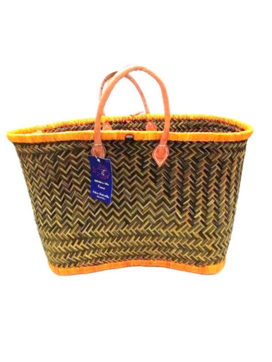 Handmade Beach Bag with Leather Handle - Yellow - Brown 33x60cm