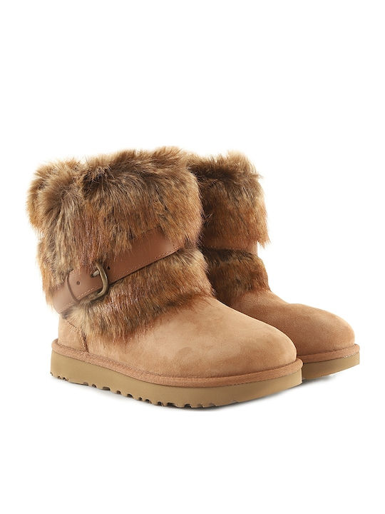 Classic Buckle Mini Suede Γυναικεία Μποτάκια με Γούνα Chestnut