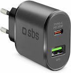 SBS Charger Without Cable with USB-A Port and USB-C Port 25W Power Delivery Whites (TETRPD20W)