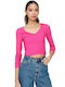 Only Women's Crop Top Cotton Long Sleeve with V Neck Fuchsia