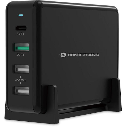 Conceptronic Charging Stand with 3 USB-A Ports and USB-C Port 65W Power Delivery / Quick Charge 3.0 in Black color (OZUL01B)